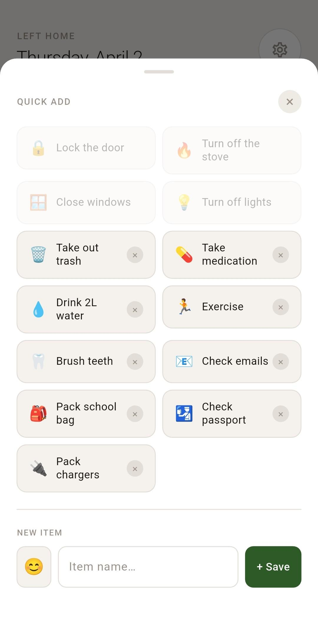 Left Home — Quick Add with preset items